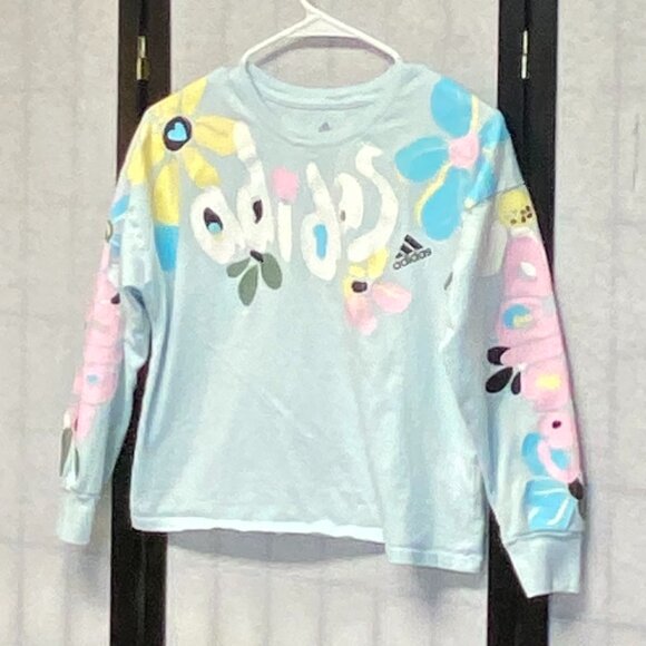 Adidas Girls M Flower Power Blue Long Sleeve Tee Shirt Floral Hearts Graphic Top - Picture 4 of 12